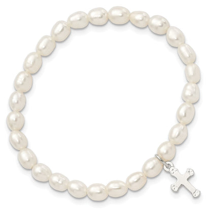 5 Zoll Sterlingsilber Poliert Fwc Perle & Kreuz Kinder Dehnbar Armband