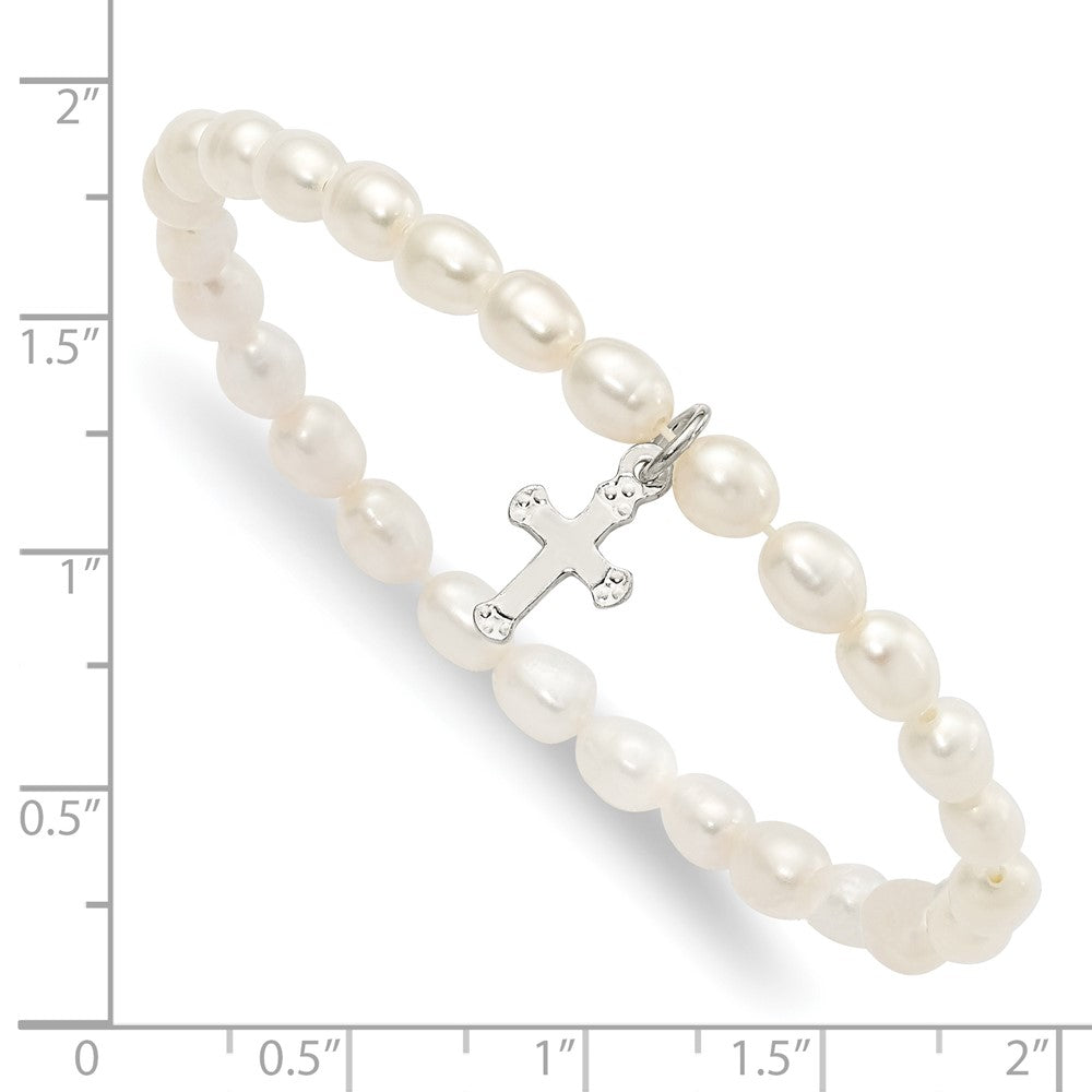 5 Zoll Sterlingsilber Poliert Fwc Perle & Kreuz Kinder Dehnbar Armband