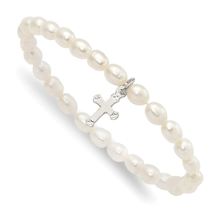 5 Zoll Sterlingsilber Poliert Fwc Perle & Kreuz Kinder Dehnbar Armband