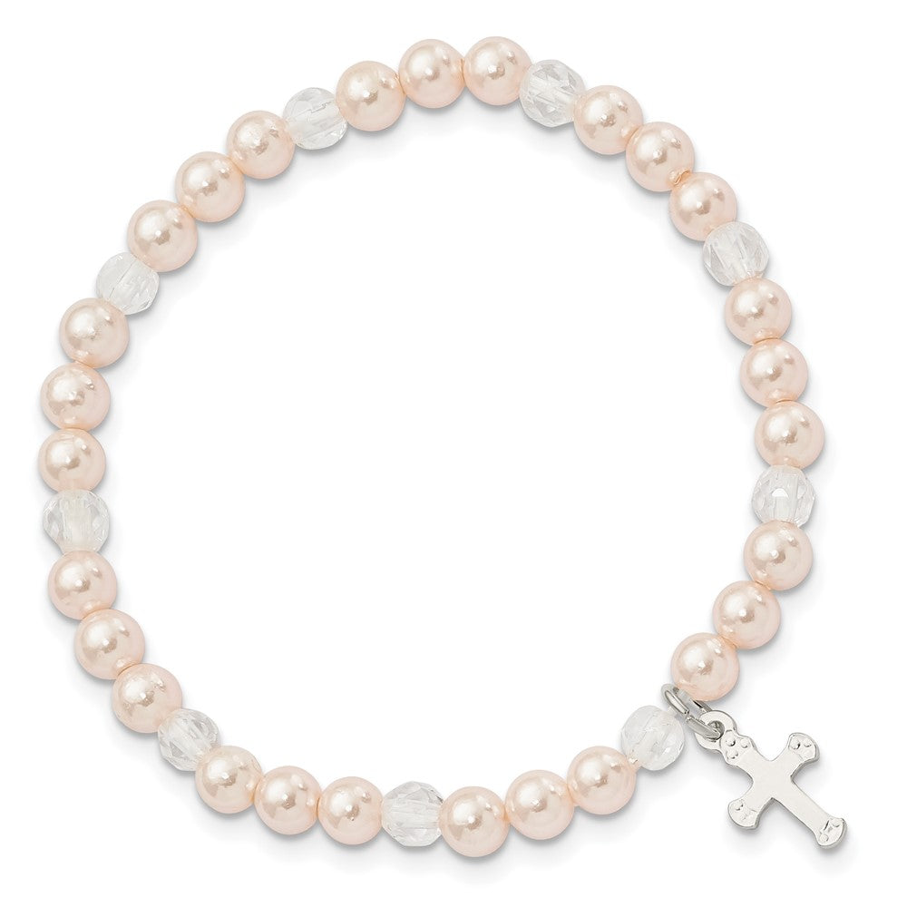 Sterlingsilber Rosa Muschel Perle & Kristall Kreuz Kinder Dehnbar Armband