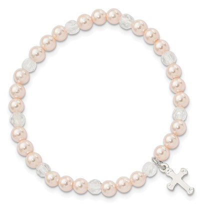 Sterlingsilber Rosa Muschel Perle & Kristall Kreuz Kinder Dehnbar Armband