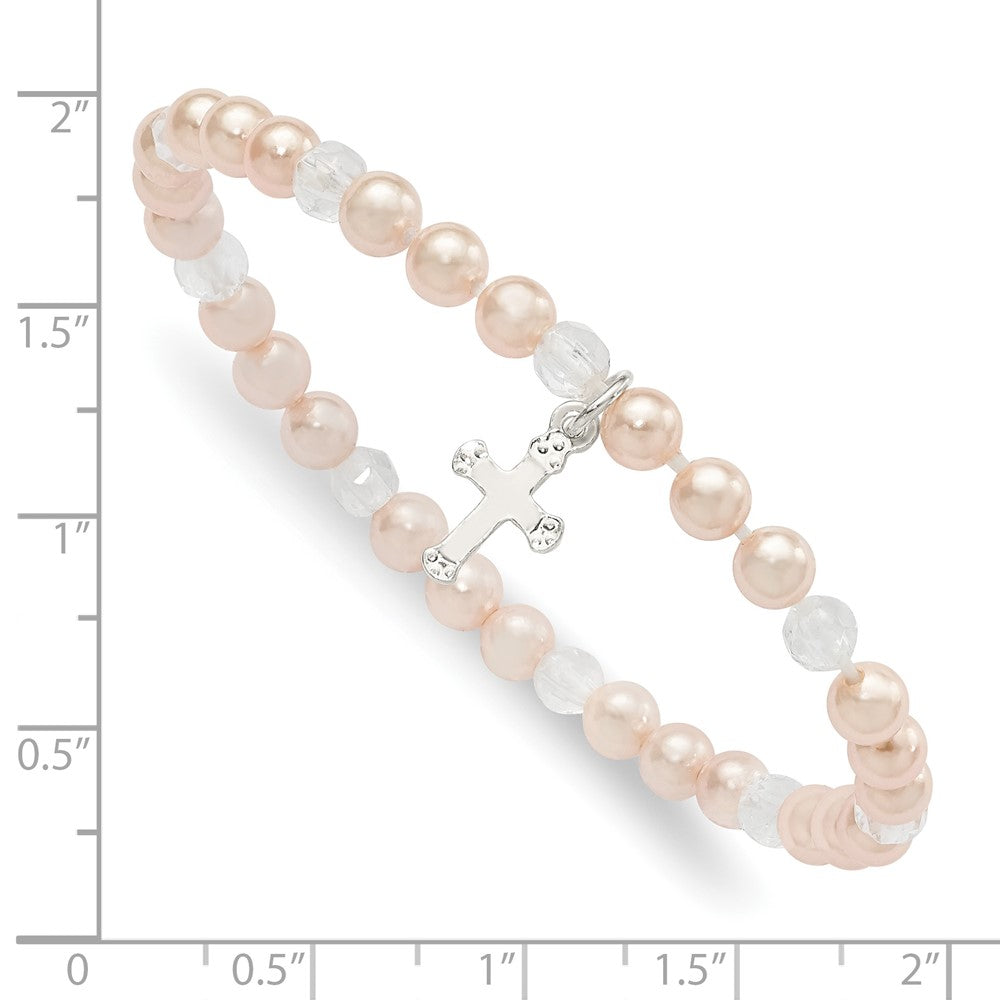 Sterlingsilber Rosa Muschel Perle & Kristall Kreuz Kinder Dehnbar Armband
