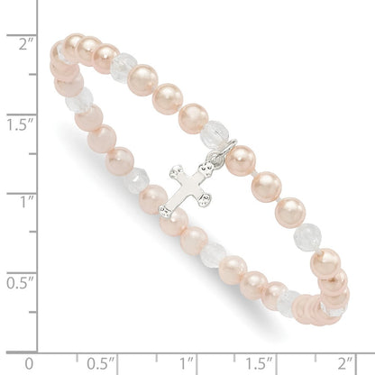 Sterlingsilber Rosa Muschel Perle & Kristall Kreuz Kinder Dehnbar Armband
