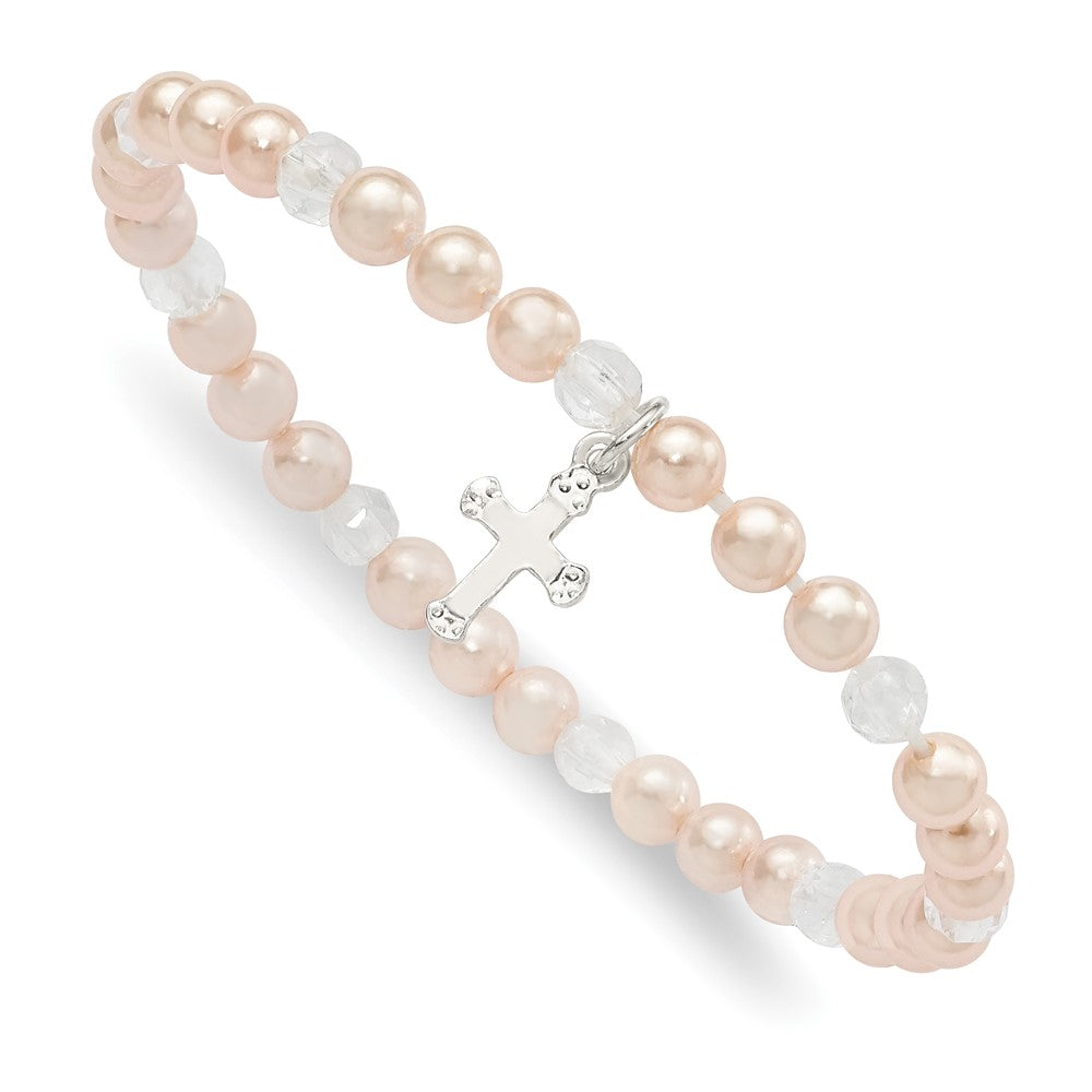 Sterlingsilber Rosa Muschel Perle & Kristall Kreuz Kinder Dehnbar Armband