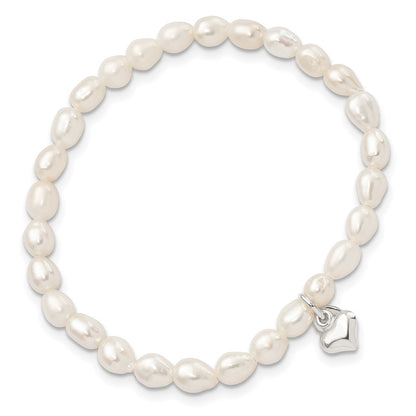 Sterlingsilber Poliert Fwc Perle & Herz Kinder Dehnbar Armband