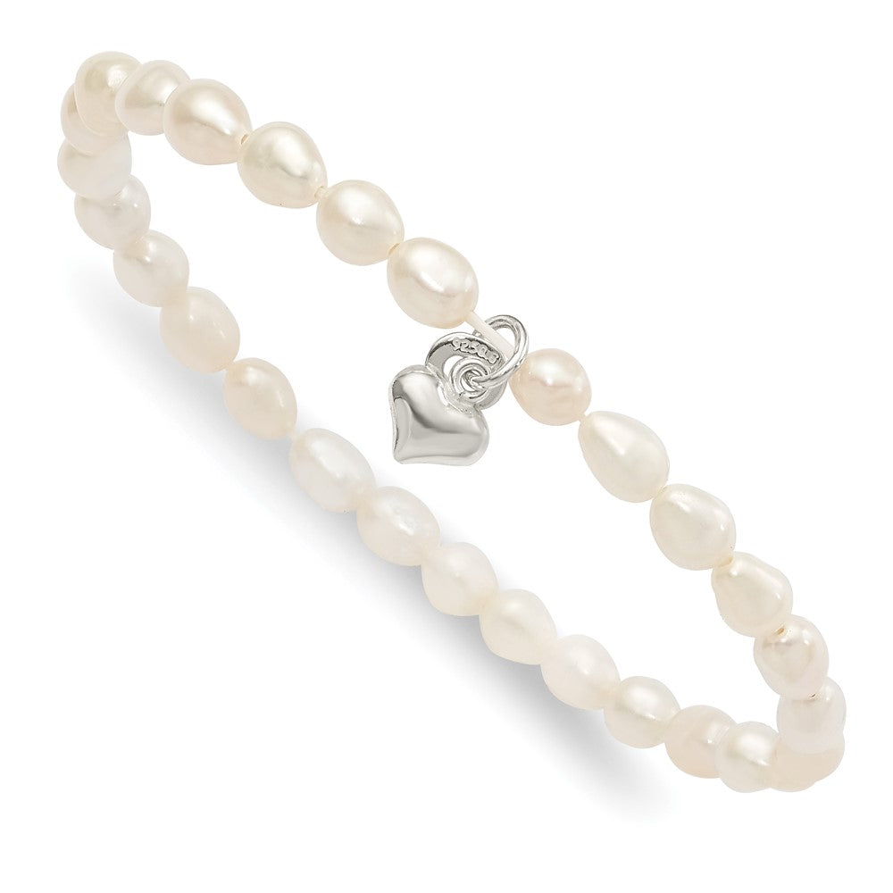 Sterlingsilber Poliert Fwc Perle & Herz Kinder Dehnbar Armband