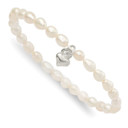 Sterlingsilber Poliert Fwc Perle & Herz Kinder Dehnbar Armband