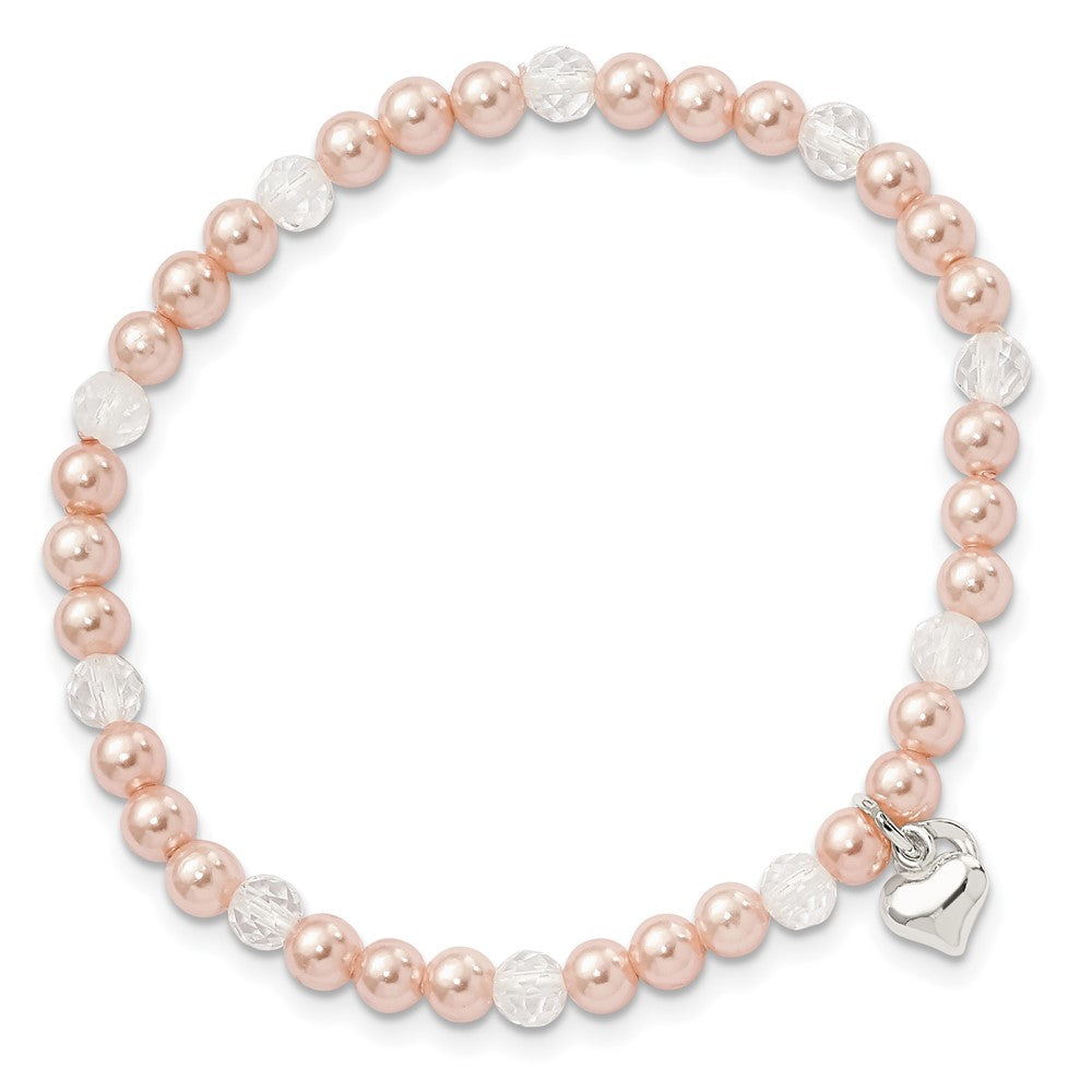 Sterlingsilber Rosa Muschel Perle, Kristall & Herz Kinder Dehnbar Bracele