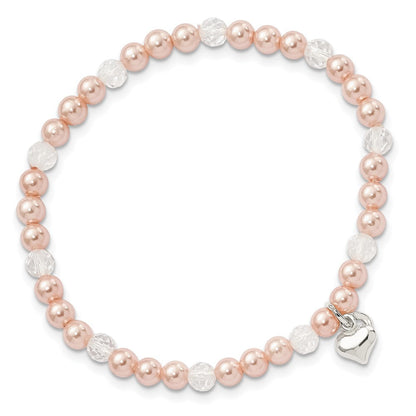Sterlingsilber Rosa Muschel Perle, Kristall & Herz Kinder Dehnbar Bracele
