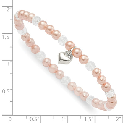 Sterlingsilber Rosa Muschel Perle, Kristall & Herz Kinder Dehnbar Bracele