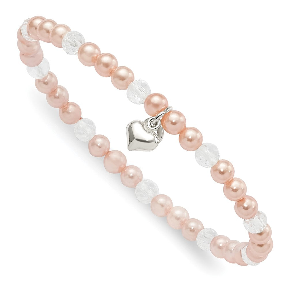 Sterlingsilber Rosa Muschel Perle, Kristall & Herz Kinder Dehnbar Bracele