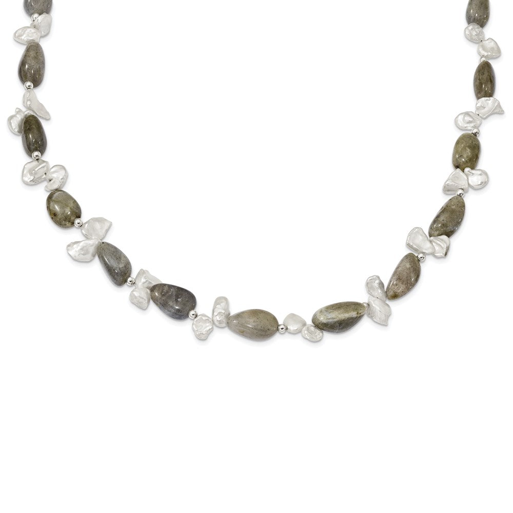 Sterlingsilber Labradorite & Fwc Keshi Perle mit 2 Zoll Verlängerung. Fantasie Halskette