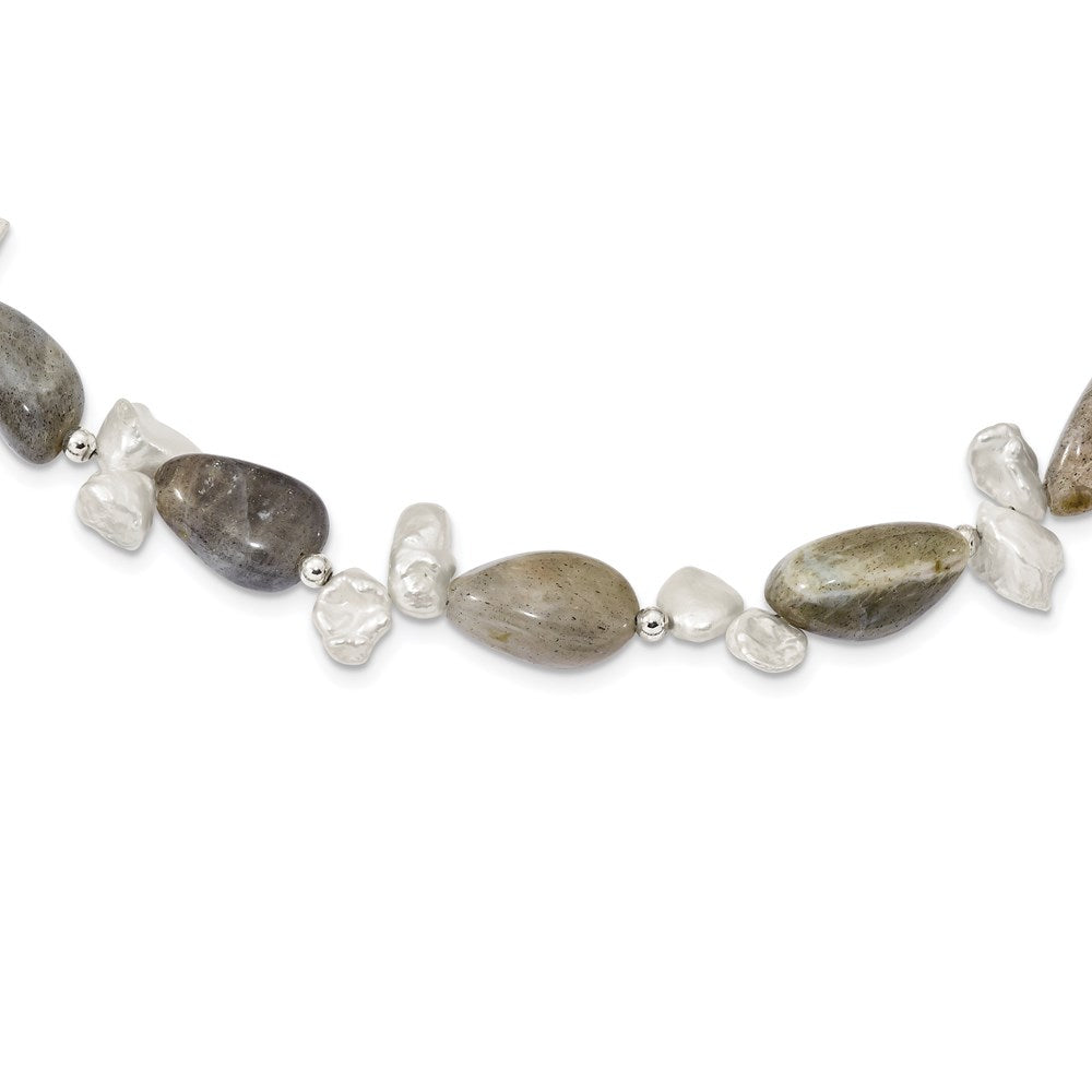 Sterlingsilber Labradorite & Fwc Keshi Perle mit 2 Zoll Verlängerung. Fantasie Halskette