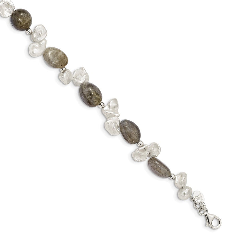 7 Zoll Sterlingsilber Labradorite & Fwc Keshi Perle mit 1 Zoll Verlängerung. Fantasie Armband