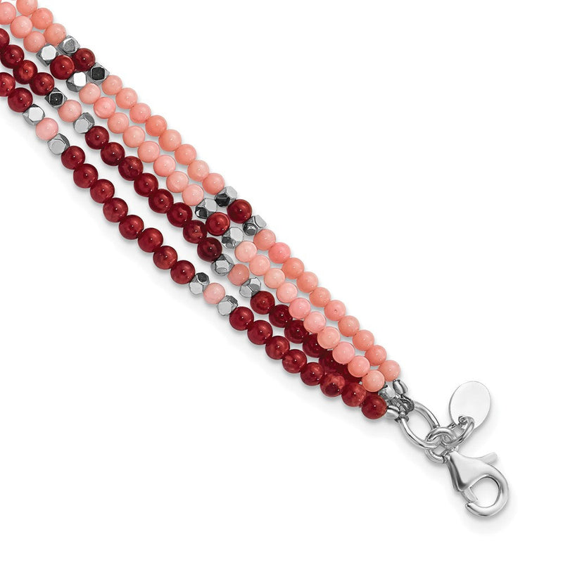 8.5 Zoll Sterlingsilber Hematite, Rot & Peach Coral 4-strand mit 1 Zoll Verlängerung. Armband
