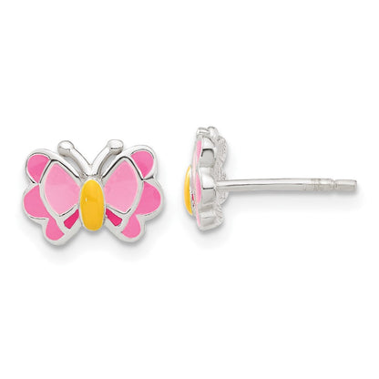 Sterlingsilber Poliert & Rosa/orange Emailliert Schmetterling Kinder Ohrringe 14 Zoll Halskette Set