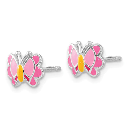 Sterlingsilber Poliert & Rosa/orange Emailliert Schmetterling Kinder Ohrringe 14 Zoll Halskette Set