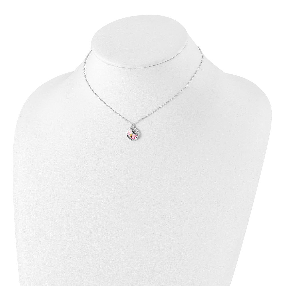 Sterlingsilber Poliert & Rosa/orange Emailliert Schmetterling Kinder Ohrringe 14 Zoll Halskette Set