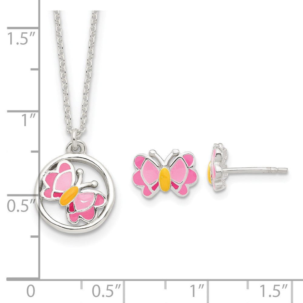 Sterlingsilber Poliert & Rosa/orange Emailliert Schmetterling Kinder Ohrringe 14 Zoll Halskette Set