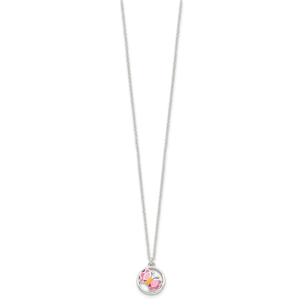 Sterlingsilber Poliert & Rosa/orange Emailliert Schmetterling Kinder Ohrringe 14 Zoll Halskette Set