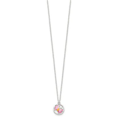 Sterlingsilber Poliert & Rosa/orange Emailliert Schmetterling Kinder Ohrringe 14 Zoll Halskette Set
