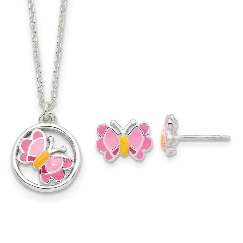 Sterlingsilber Poliert & Rosa/orange Emailliert Schmetterling Kinder Ohrringe 14 Zoll Halskette Set