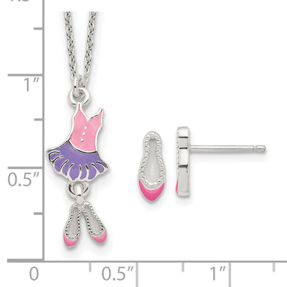 Sterlingsilber Poliert & Emailliert Ballerina Kinder 14 Zoll Halskette Ohrring Set