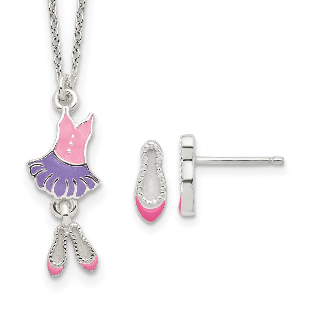 Sterlingsilber Poliert & Emailliert Ballerina Kinder 14 Zoll Halskette Ohrring Set
