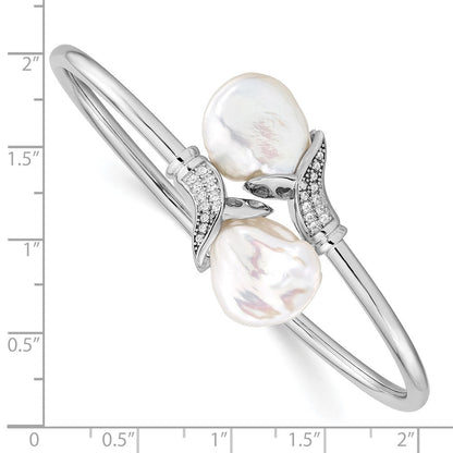 Sterlingsilber Ss Rhodiniert 16-17mm Weiß Keshi Fwc Perle Zirkonia Flexibel Armreif