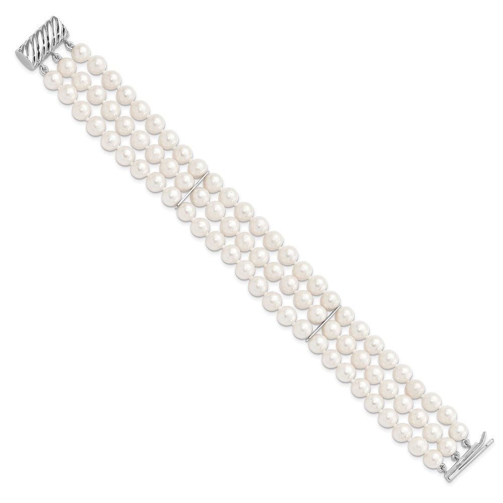 7 Zoll Sterlingsilber Rhodium-plt 6-7mm Weiß Fwc Perle 3 Strang Armband