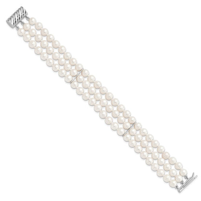 7 Zoll Sterlingsilber Rhodium-plt 6-7mm Weiß Fwc Perle 3 Strang Armband