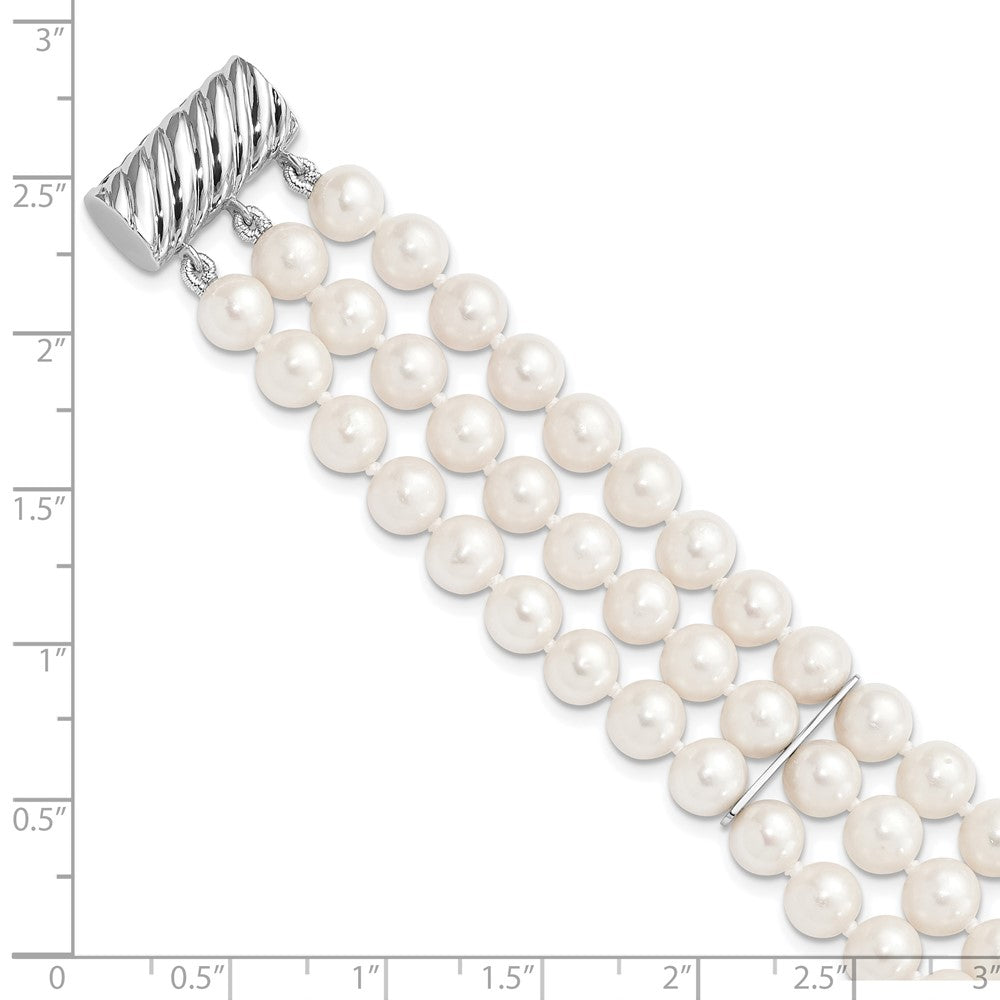 7 Zoll Sterlingsilber Rhodium-plt 6-7mm Weiß Fwc Perle 3 Strang Armband
