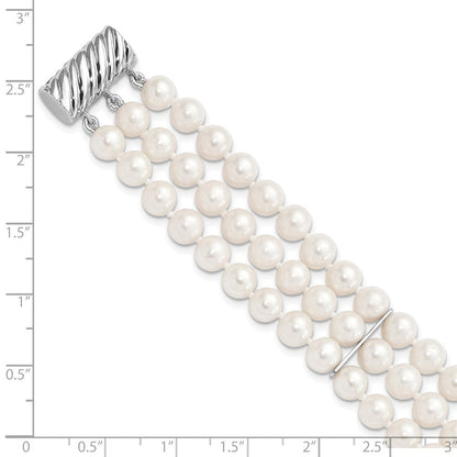 7 Zoll Sterlingsilber Rhodium-plt 6-7mm Weiß Fwc Perle 3 Strang Armband