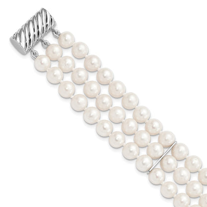 7 Zoll Sterlingsilber Rhodium-plt 6-7mm Weiß Fwc Perle 3 Strang Armband