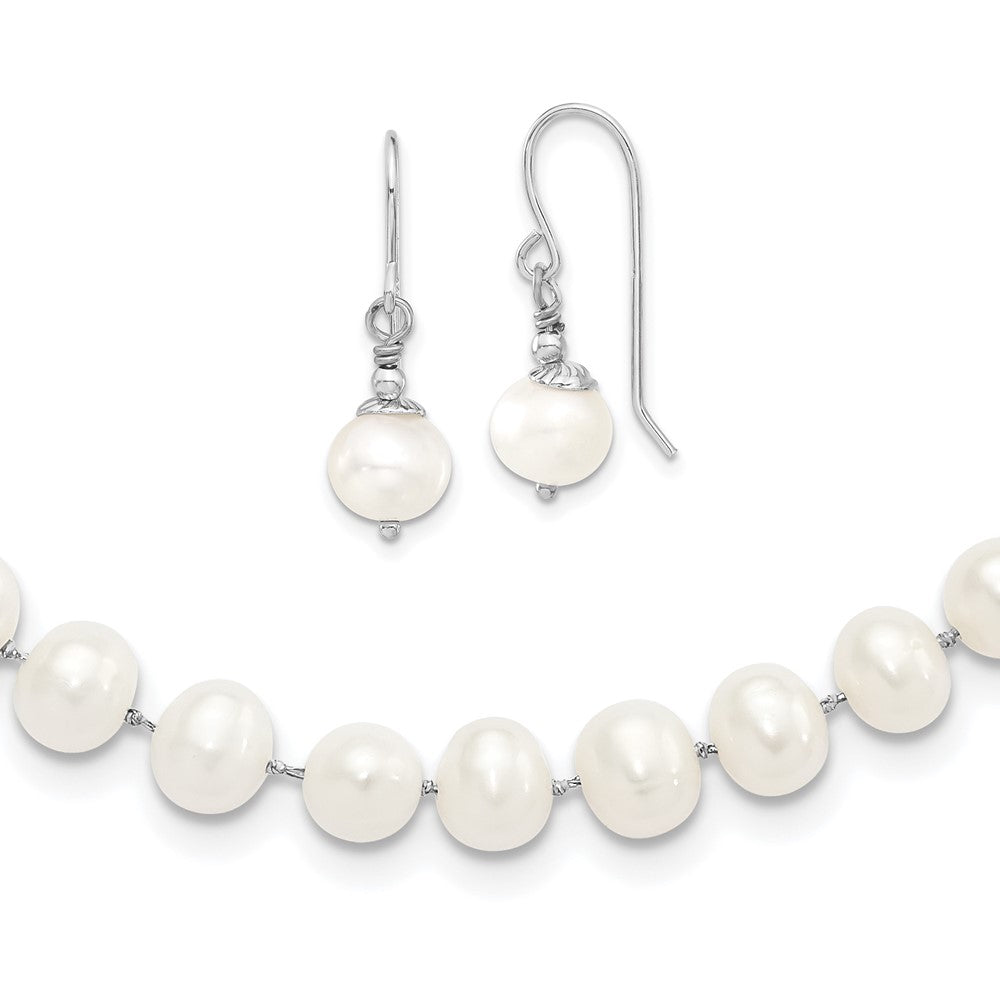 Sterlingsilber Rhodiniert 7-8mm Weiß Fwc Perle Ohrring/necklace Set