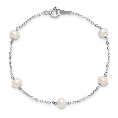 7 Zoll Sterlingsilber Rhodiniert 4-5mm Weiß Halb Rund Fwc Perle 5 Station Armband