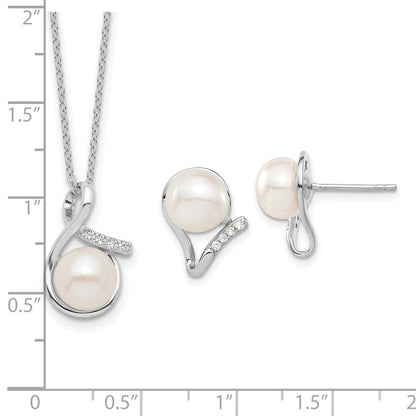 Sterlingsilber Rhodiniert 8-10mm Fwc Perle Zirkonia Ohrring/necklace Set