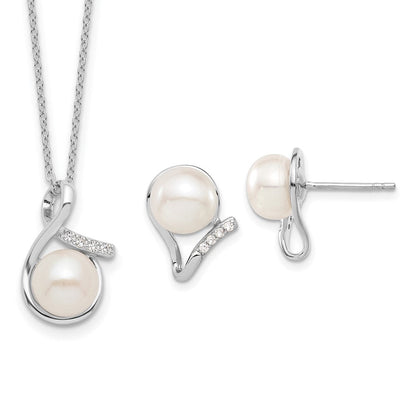 Sterlingsilber Rhodiniert 8-10mm Fwc Perle Zirkonia Ohrring/necklace Set