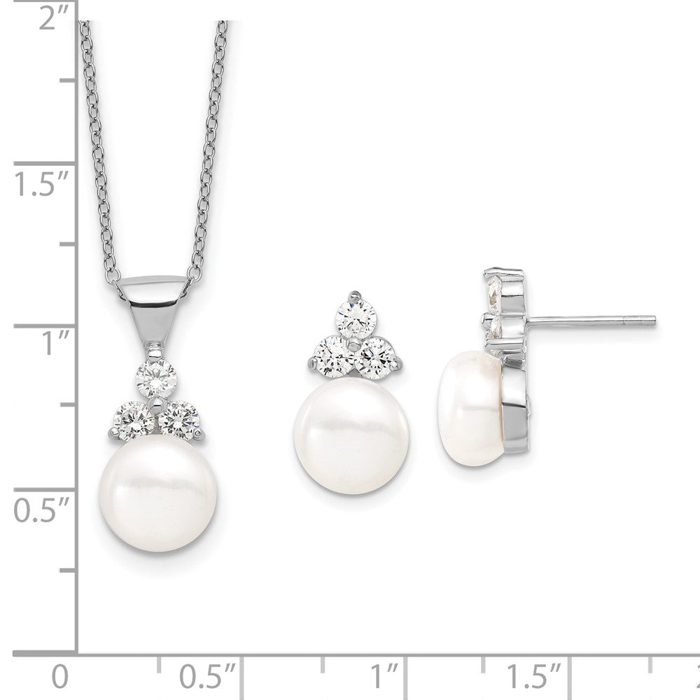 Sterlingsilber Rhodiniert 9-10mm Münze Fwcpearl Zirkonia Ohrring/necklace Set