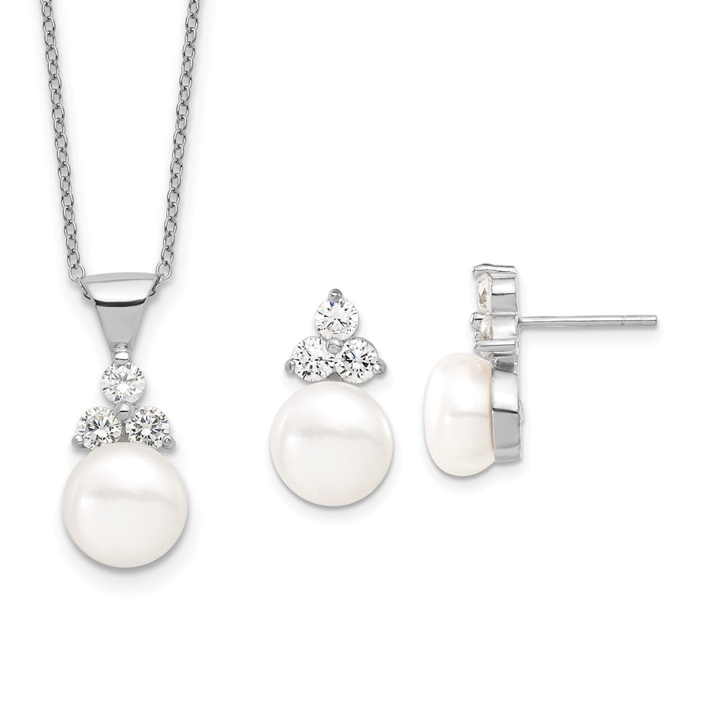 Sterlingsilber Rhodiniert 9-10mm Münze Fwcpearl Zirkonia Ohrring/necklace Set