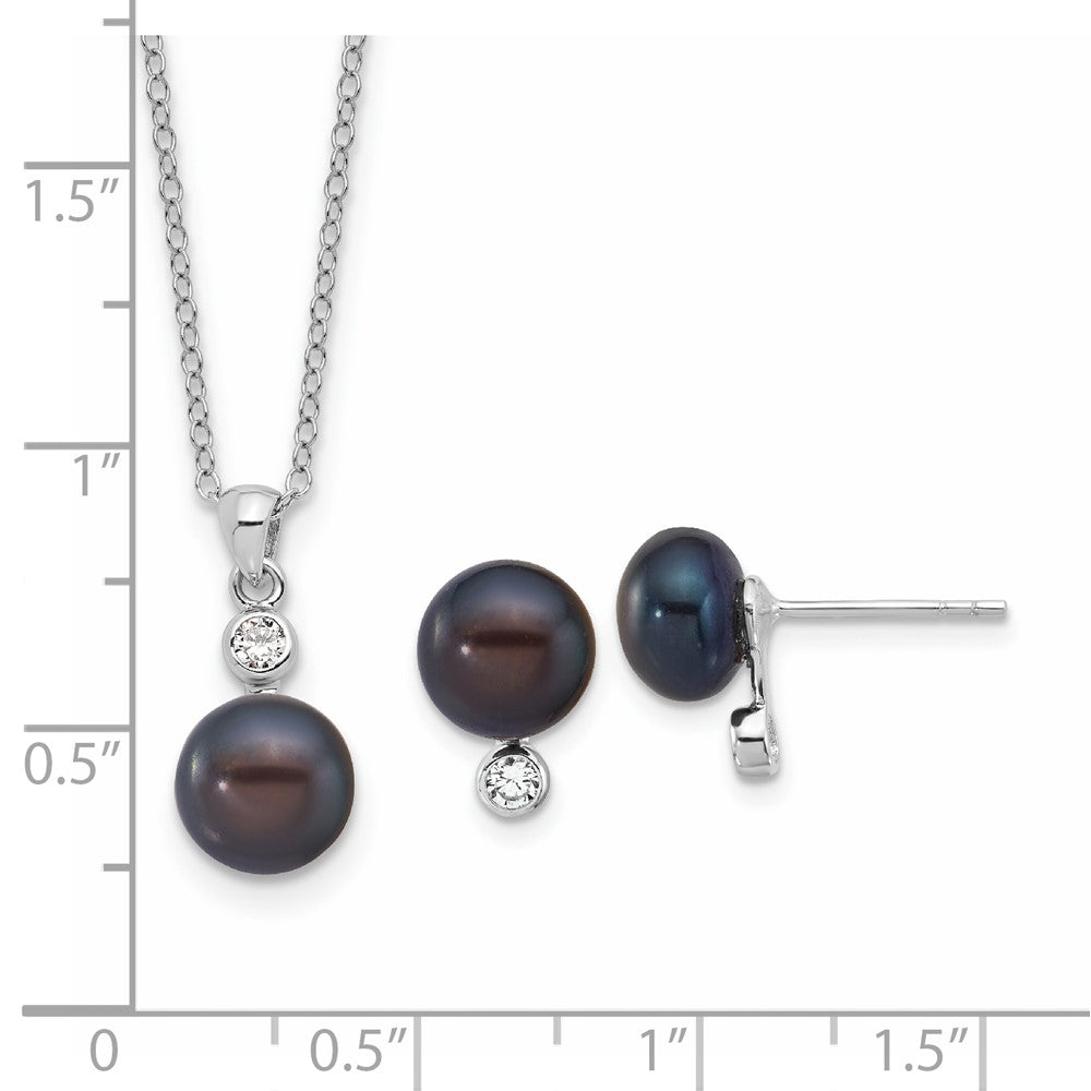 Sterlingsilber Rhod Schwarz Fwc Perle & Zirkonia 17 Zoll Halskette/earring Set