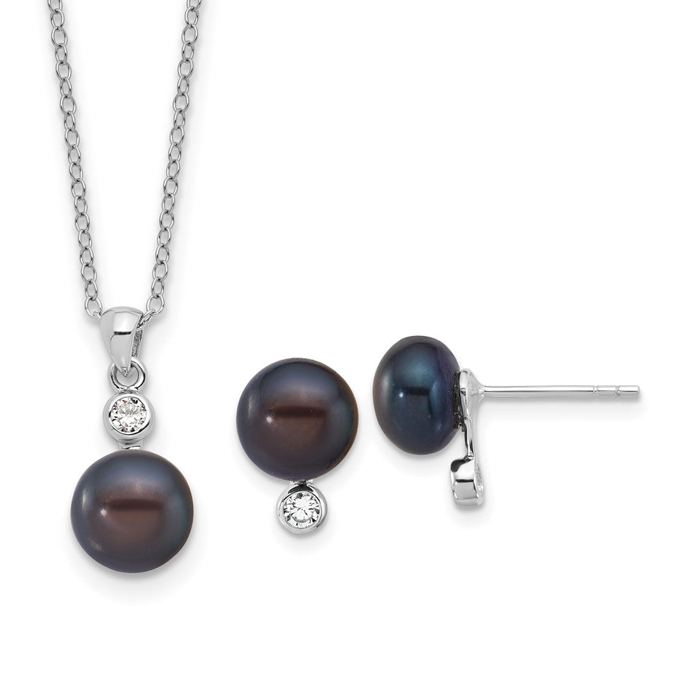 Sterlingsilber Rhod Schwarz Fwc Perle & Zirkonia 17 Zoll Halskette/earring Set