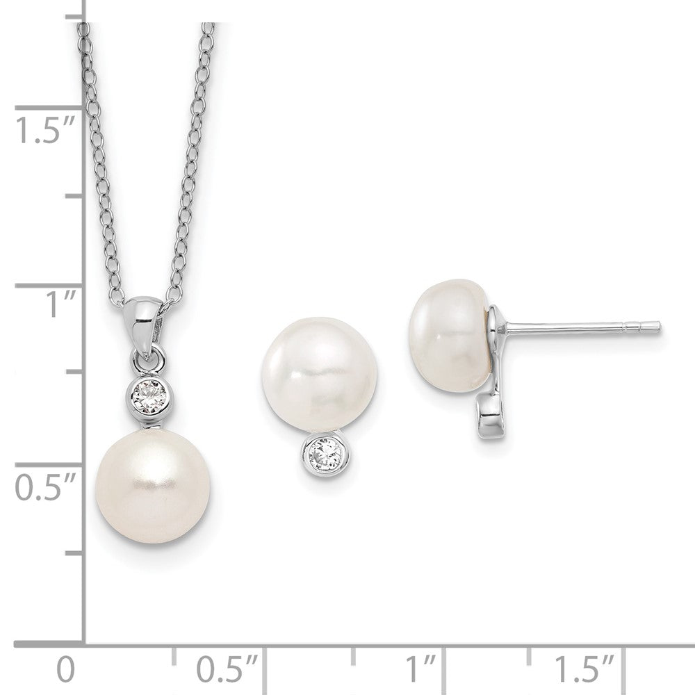 Sterlingsilber Rhodiniert 8-9mm Fwc Perle Zirkonia Ohrring/necklace Set