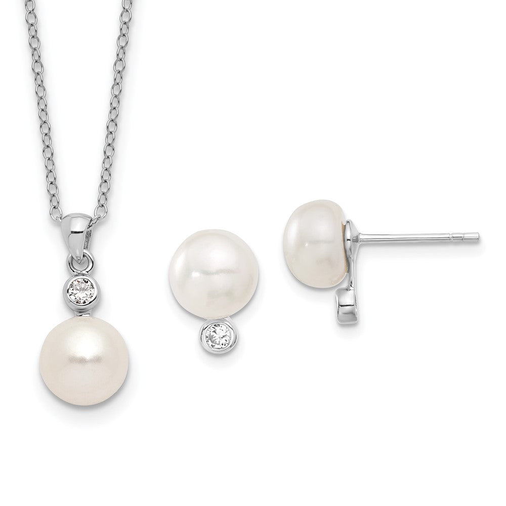 Sterlingsilber Rhodiniert 8-9mm Fwc Perle Zirkonia Ohrring/necklace Set