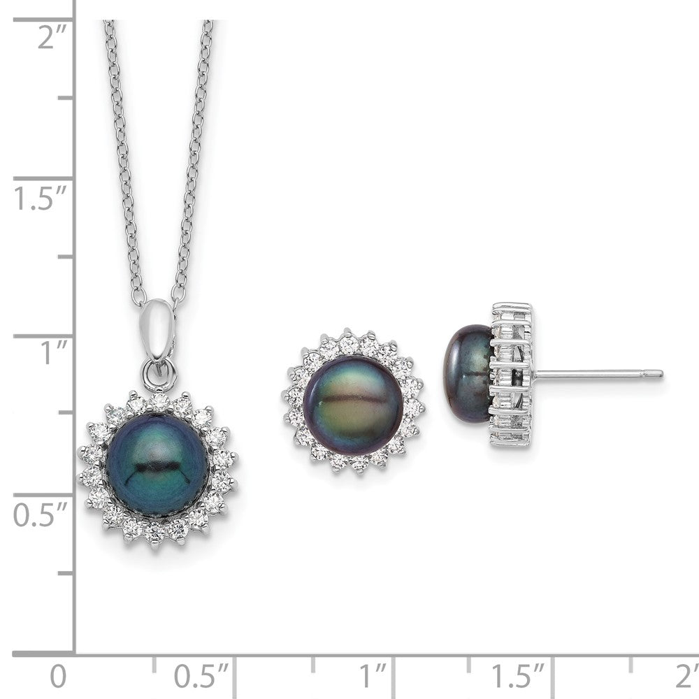 Sterlingsilber Rhodiniert 8-9mm Schwarz Fwc Perle Zirkonia Ohrring/necklace Set