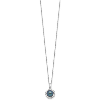 Sterlingsilber Rhodiniert 8-9mm Schwarz Fwc Perle Zirkonia Ohrring/necklace Set