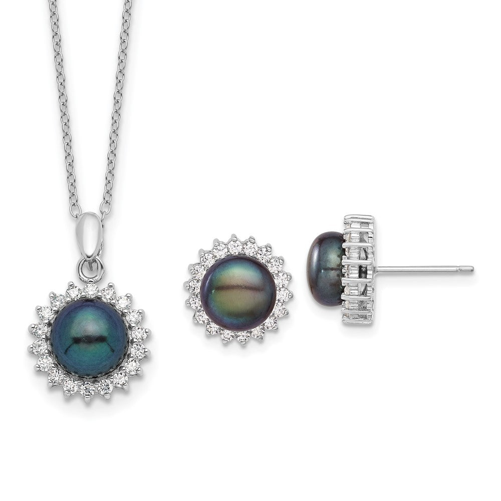 Sterlingsilber Rhodiniert 8-9mm Schwarz Fwc Perle Zirkonia Ohrring/necklace Set