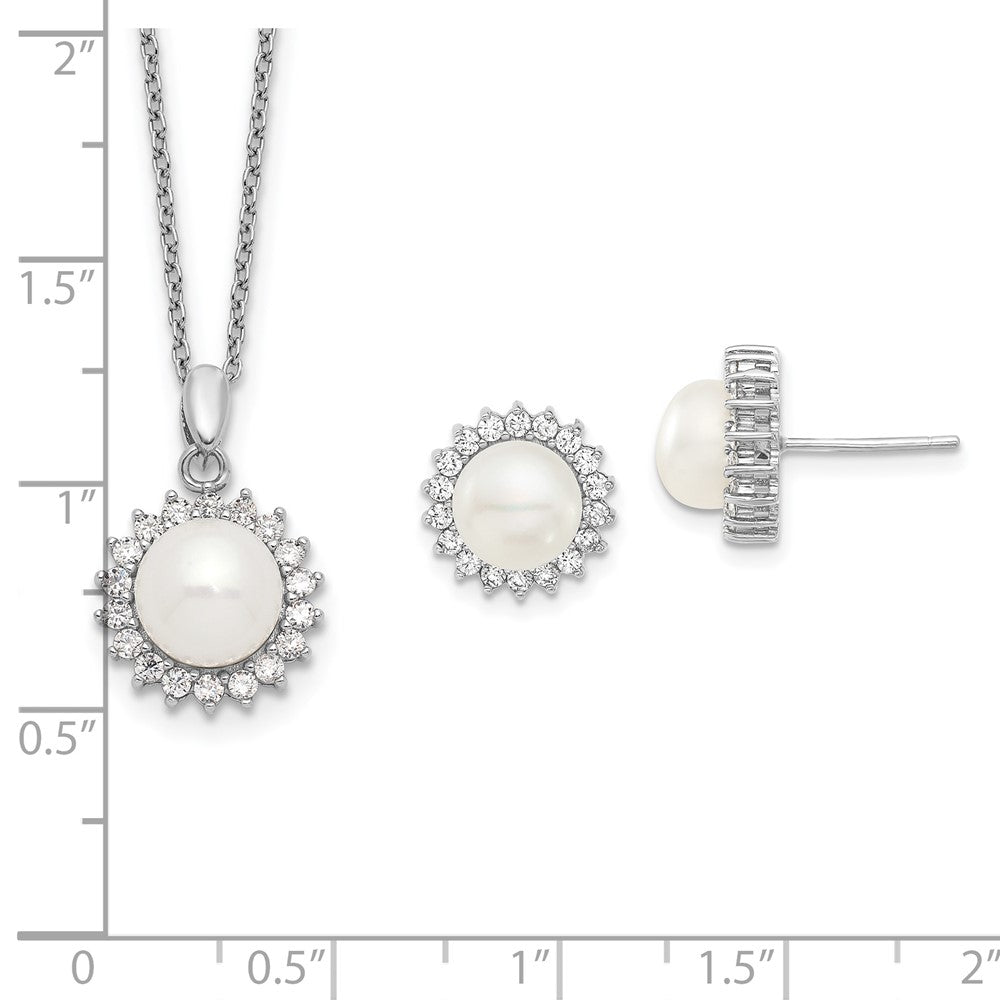 Sterlingsilber Rhodiniert 8-9mm Fwc Perle Zirkonia Ohrring/necklace Set