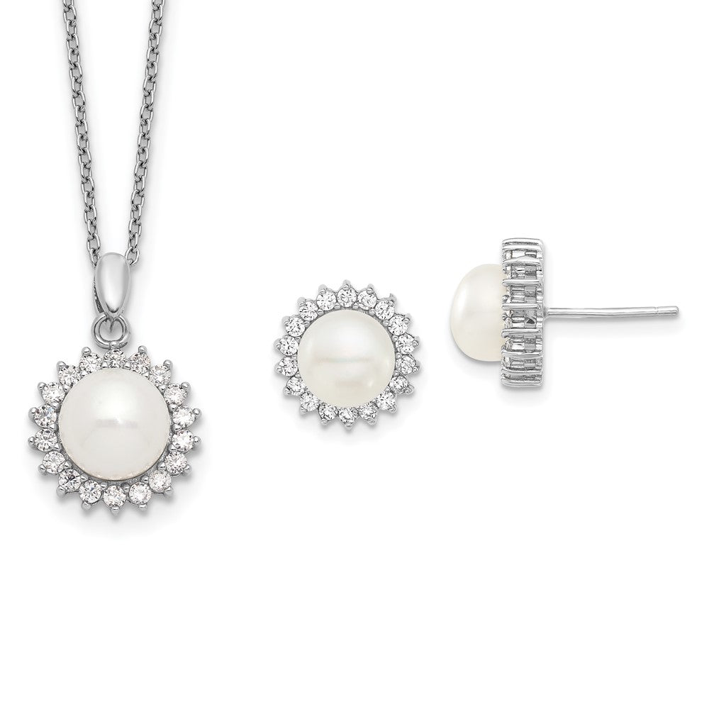 Sterlingsilber Rhodiniert 8-9mm Fwc Perle Zirkonia Ohrring/necklace Set