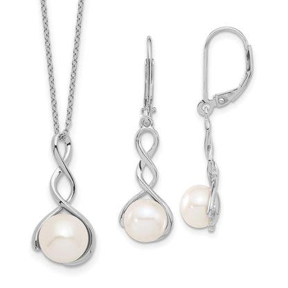 Sterlingsilber Rhodiniert 8-9mm Weiß Fwc Perle Ohrring/necklace Set